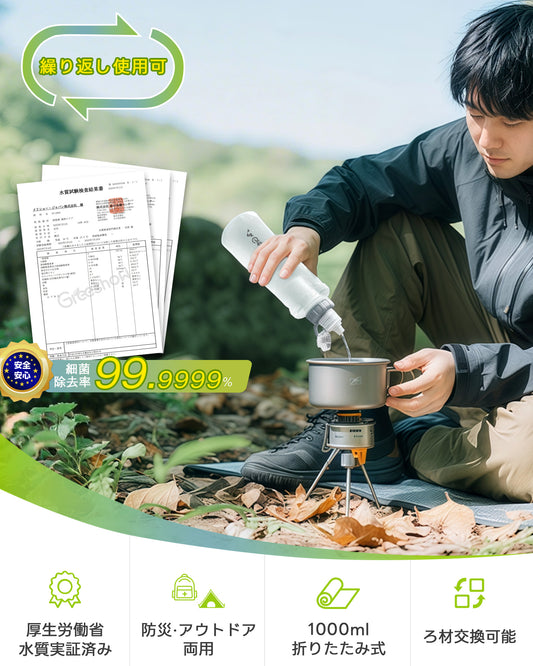 Greeshow携帯浄水器|折り畳み式|折りたたみ 簡易濾過器 防災グッズ|軽量 コンパクト|携帯浄水器|アウトドア 登山 キャンプ用品 災害用|厚生労働省水質実証済み|Greeshow GS-286A
