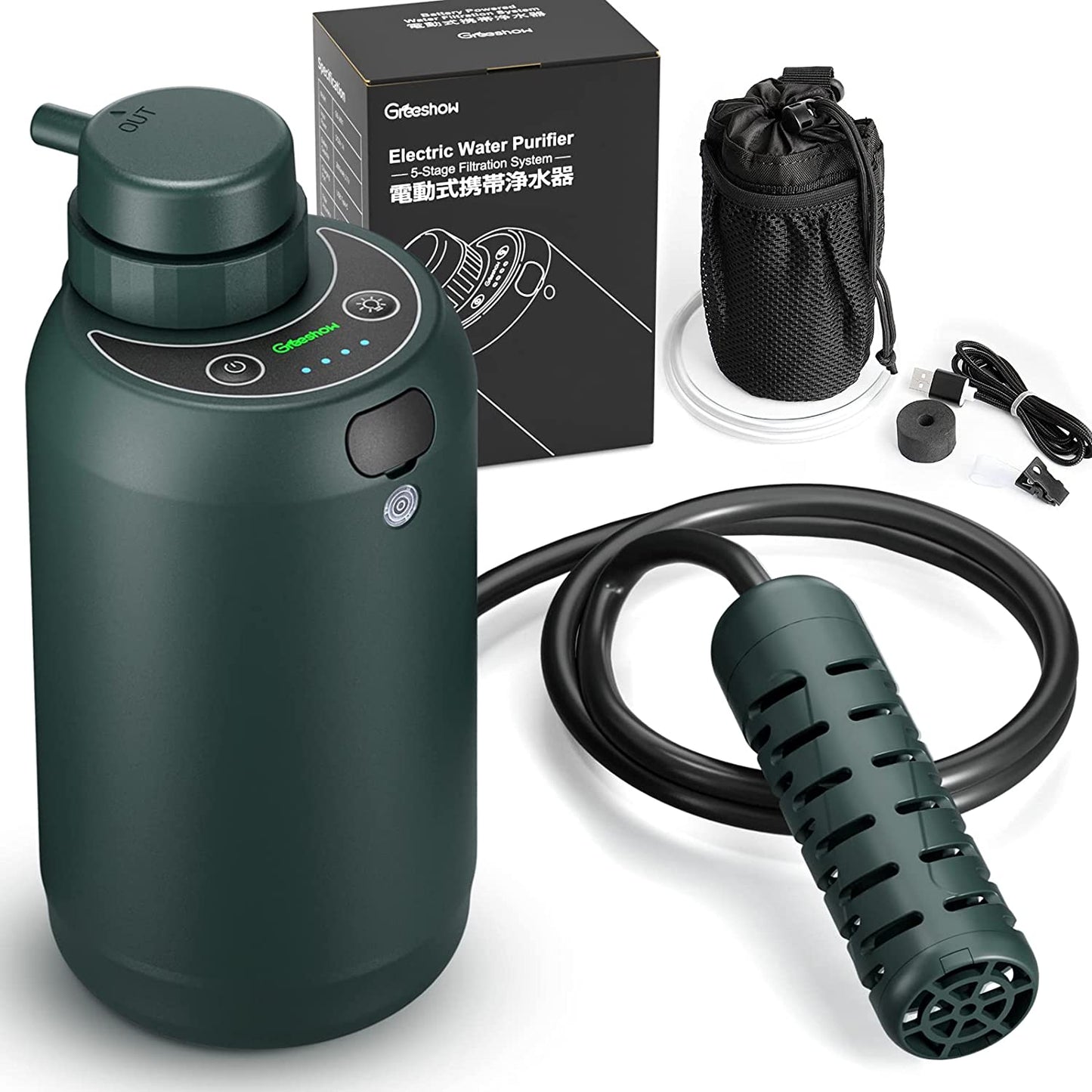 GreeShow【業界新発想】 携帯浄水器 アウトドア サバイバル浄水器 USB電動 災害防災用 GS-2801インクグリーン