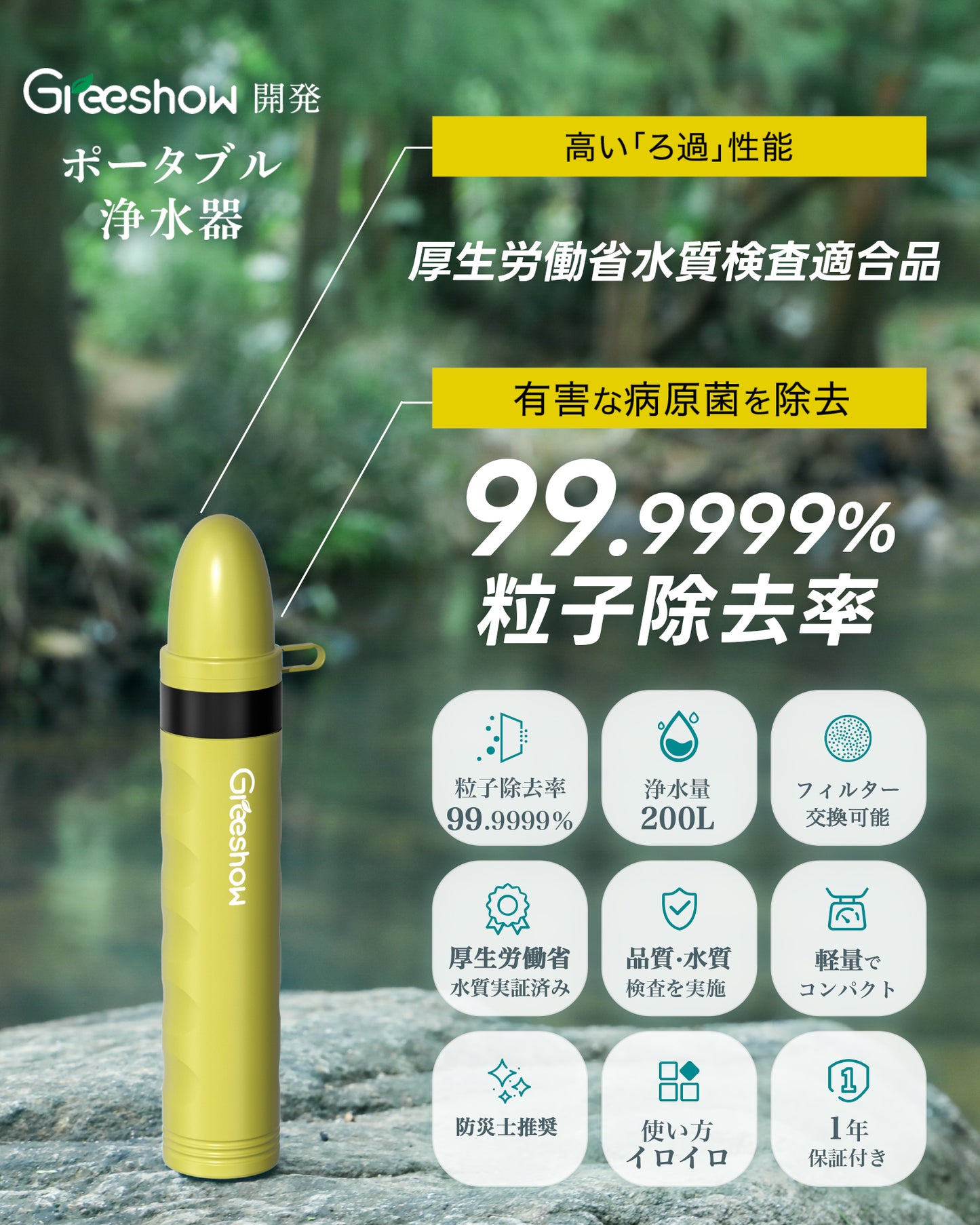 GreeShow 携帯浄水器 ｜アウトドア サバイバル浄水器 日本正規品災害グッズミニ 軽量コンパクト GS-282