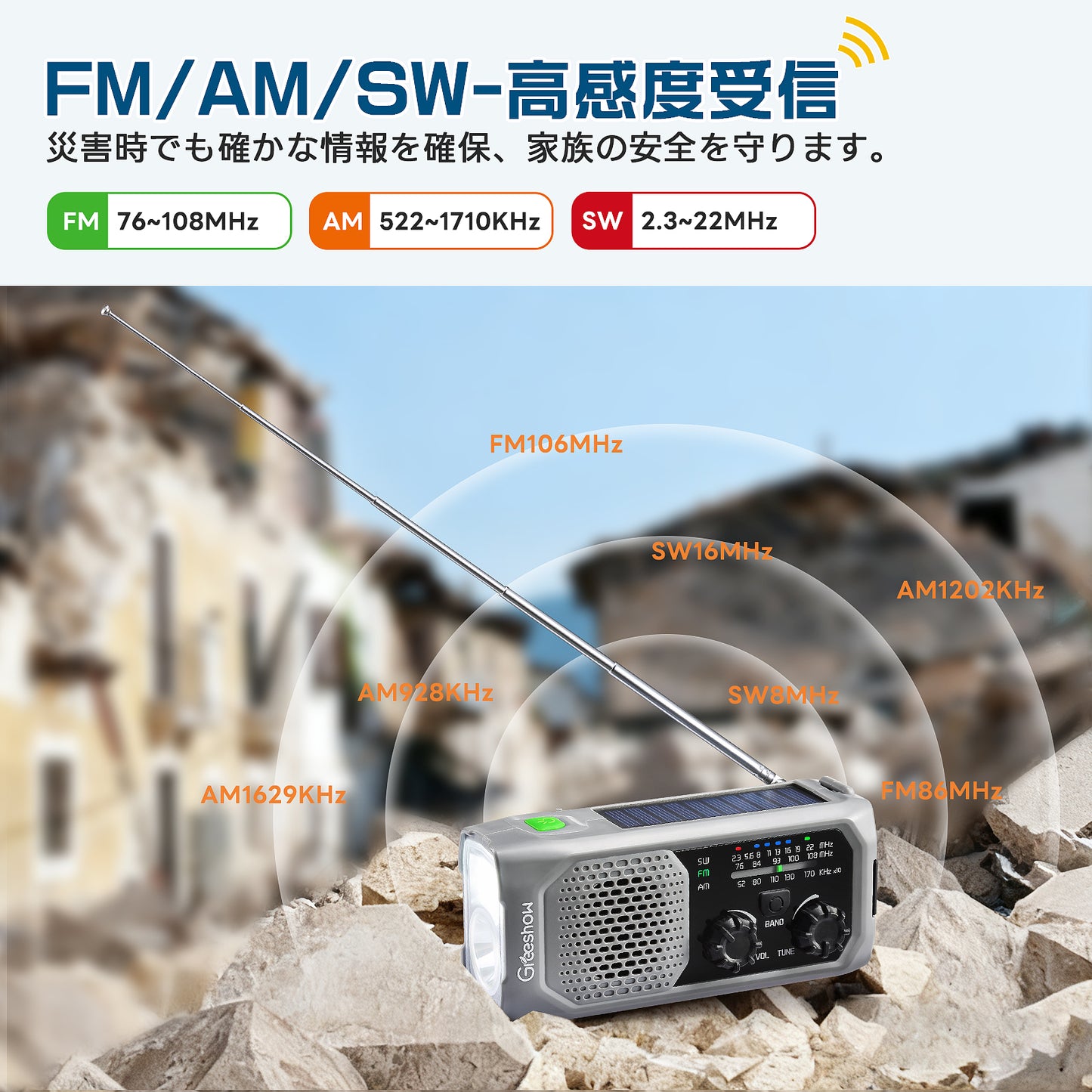 Greeshow 防災ラジオ ｜多機能 手回しラジオ FM/AM/SW対応 ソーラー/USB充電 スマホ急速充電 IPX4防水 3.5mmイヤホンジャック付き 防災士推奨 懐中電灯 SOSサイレン 緊急災害対策 非常用 キャンプ ポータブルラジオ PSE認証済み 防災ガイドブック付き グレー GS-298