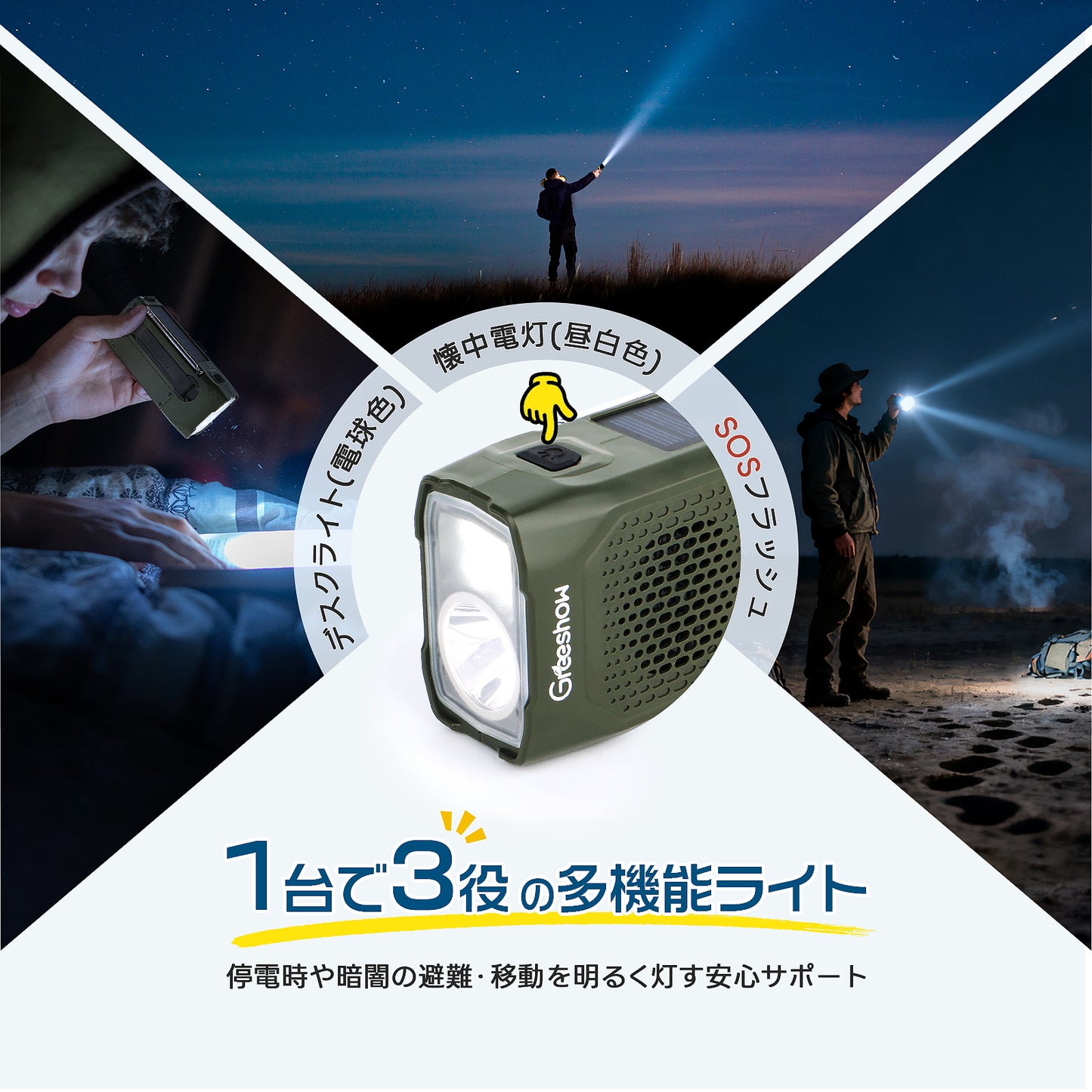 Greeshow防災ラジオ｜多機能・イヤホンジャック機能・FM/AM/SW対応|ソーラー/USB/手回し充電|IPX4防水・SOSサイレン|防災ラジオ|緊急災害対策・非常用・キャンプ|防災士推奨|PSE認証済み|Greeshow GS-298