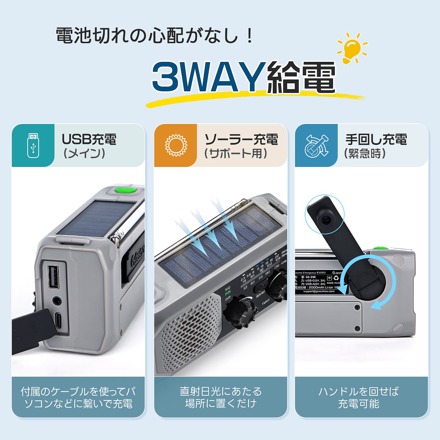 Greeshow 防災ラジオ ｜多機能 手回しラジオ FM/AM/SW対応 ソーラー/USB充電 スマホ急速充電 IPX4防水 3.5mmイヤホンジャック付き 防災士推奨 懐中電灯 SOSサイレン 緊急災害対策 非常用 キャンプ ポータブルラジオ PSE認証済み 防災ガイドブック付き グレー GS-298