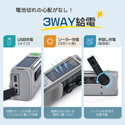 Greeshow 防災ラジオ ｜多機能 手回しラジオ FM/AM/SW対応 ソーラー/USB充電 スマホ急速充電 IPX4防水 3.5mmイヤホンジャック付き 防災士推奨 懐中電灯 SOSサイレン 緊急災害対策 非常用 キャンプ ポータブルラジオ PSE認証済み 防災ガイドブック付き グレー GS-298