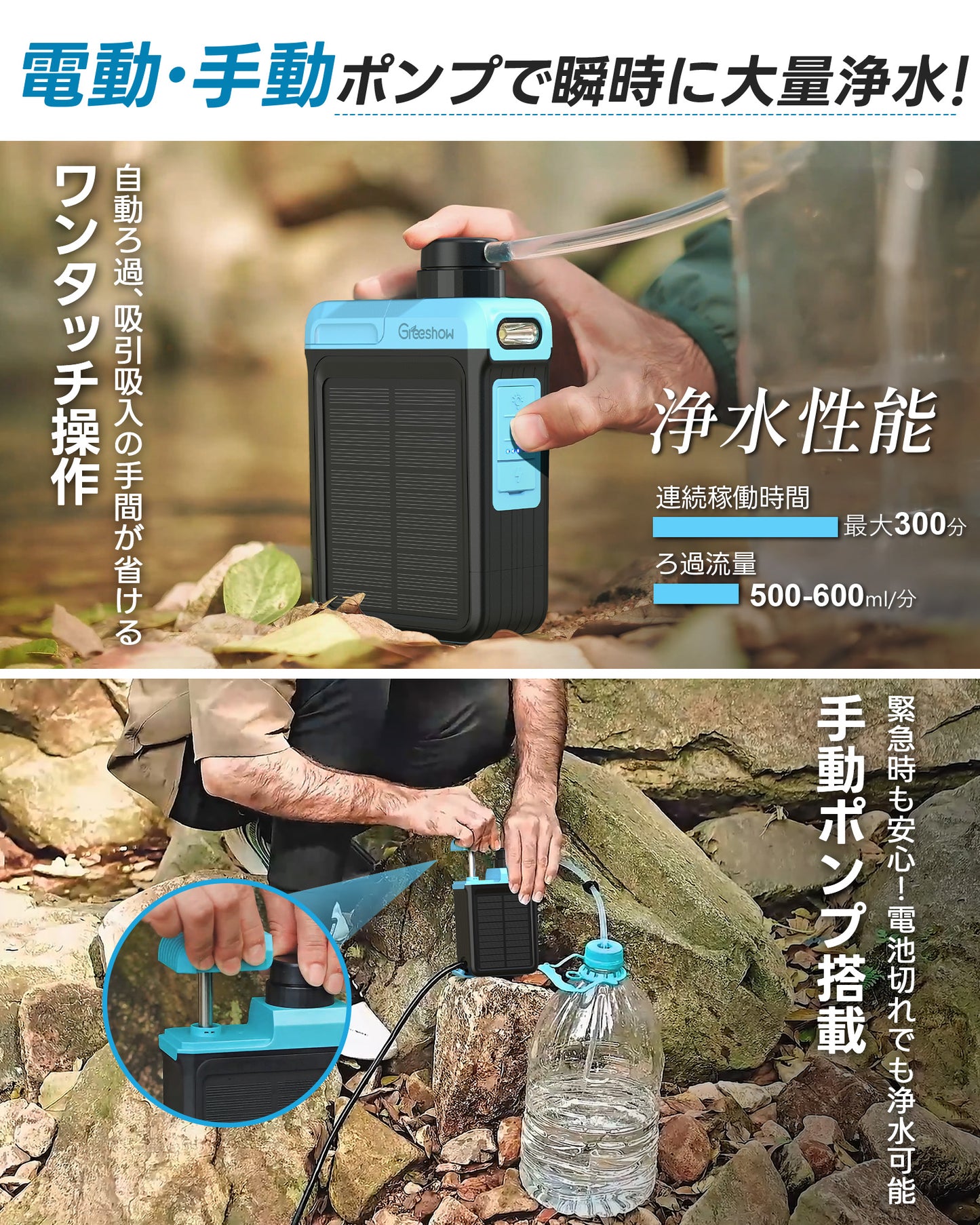 【Greeshow 】携帯浄水器 / 手動ボンプ付き アウトドア 浄水器 電動浄水器 日本正規品 ソーラー充電可能 濾過器 飲み水 災害 防災士推奨 サバイバル浄水器 スマホ充電機能 高輝度LEDライト付き SOSモード 緊急停電対策 防災グッズ キャンプ/登山/地震/防災用 軽量・コンパクト PSE認証済み GS-2809