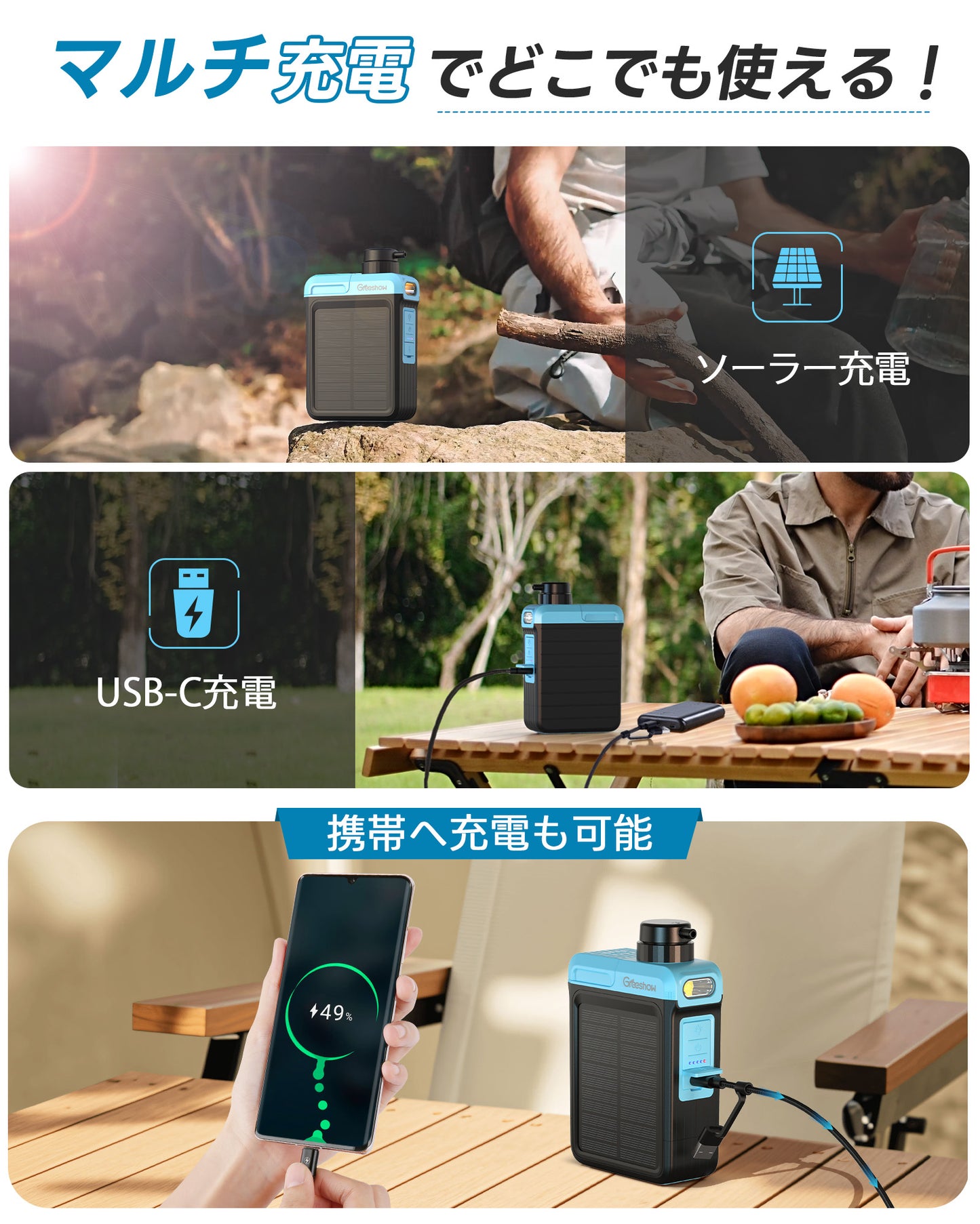 【Greeshow 】携帯浄水器 / 手動ボンプ付き アウトドア 浄水器 電動浄水器 日本正規品 ソーラー充電可能 濾過器 飲み水 災害 防災士推奨 サバイバル浄水器 スマホ充電機能 高輝度LEDライト付き SOSモード 緊急停電対策 防災グッズ キャンプ/登山/地震/防災用 軽量・コンパクト PSE認証済み GS-2809