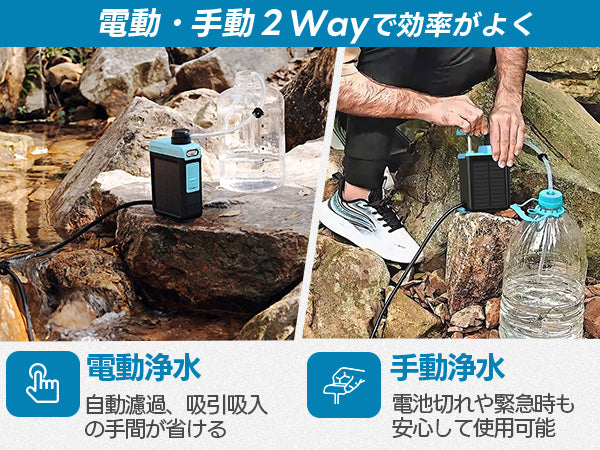 【業界最新&手動ボンプ付き】Greeshow 携帯浄水器 アウトドア 浄水器 電動浄水器 日本正規品 ソーラー充電可能 濾過器 飲み水 災害 防災士推奨 サバイバル浄水器 スマホ充電機能 高輝度LEDライト付き SOSモード 緊急停電対策 防災グッズ キャンプ/登山/地震/防災用 軽量・コンパクト PSE認証済み GS-2809