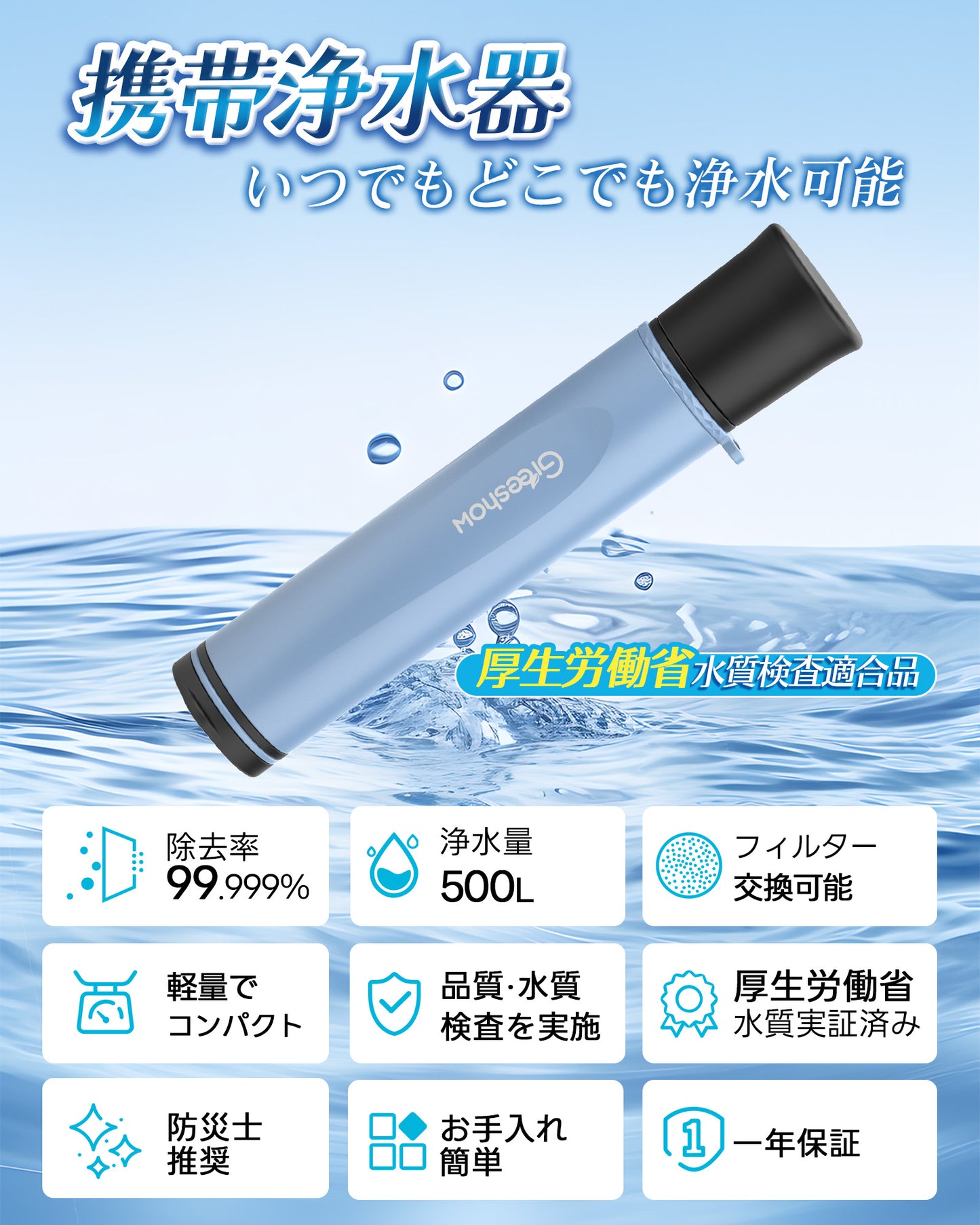 Greeshow 携帯浄水器 【防災士推奨】防災用・アウトドア対応｜フィルター交換可能｜厚生労働省水質実証済み｜軽量コンパクト設計 GS-285