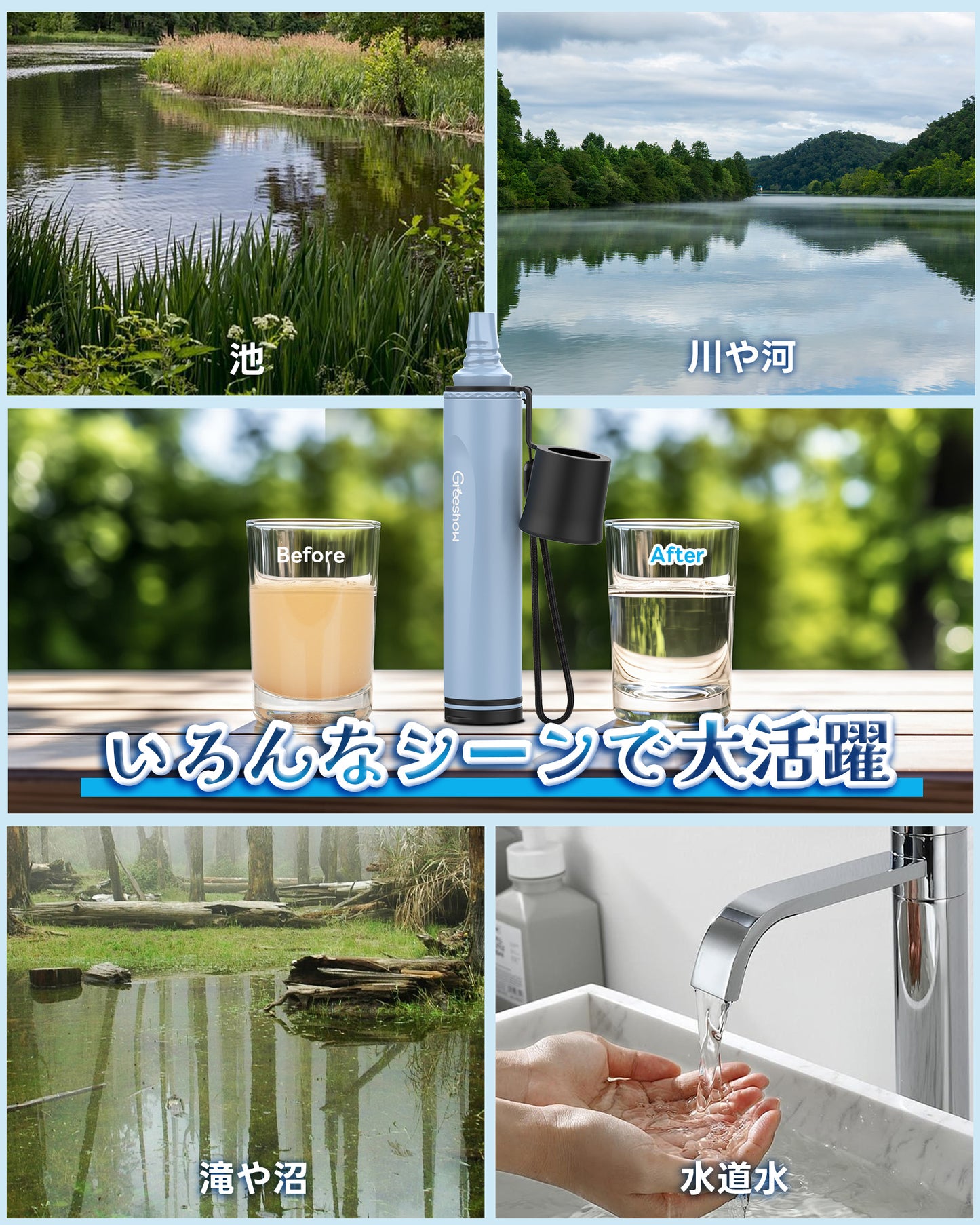 Greeshow 携帯浄水器 【防災士推奨】防災用・アウトドア対応｜フィルター交換可能｜厚生労働省水質実証済み｜軽量コンパクト設計 GS-285