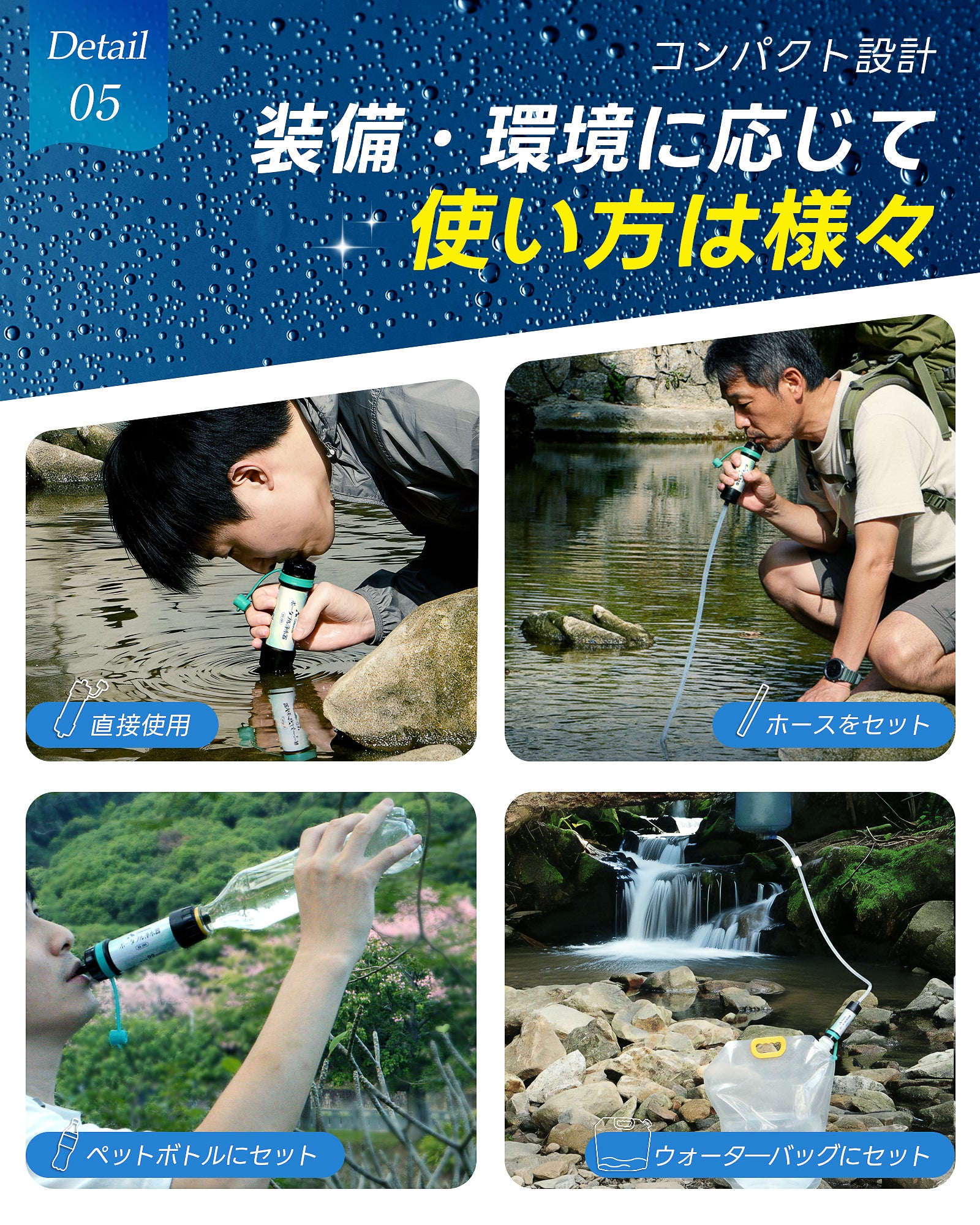 Greeshow 携帯浄水器｜フィルター交換不要 8000L 大容量｜給水バッグ