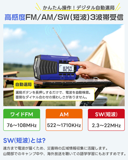 Greeshow 防災ラジオ 多機能 手回しラジオ デジタル選局 FM/AM/SWラジオ 高感度 5000mAh usb充電式 ソーラー充電 SOSサイレン 防災グッズ 災害用 小型 携帯 キャンプ 緊急用 非常用 防水 スマホ急速充電可能 懐中電灯 防災士推奨 GS-2901 ブルー