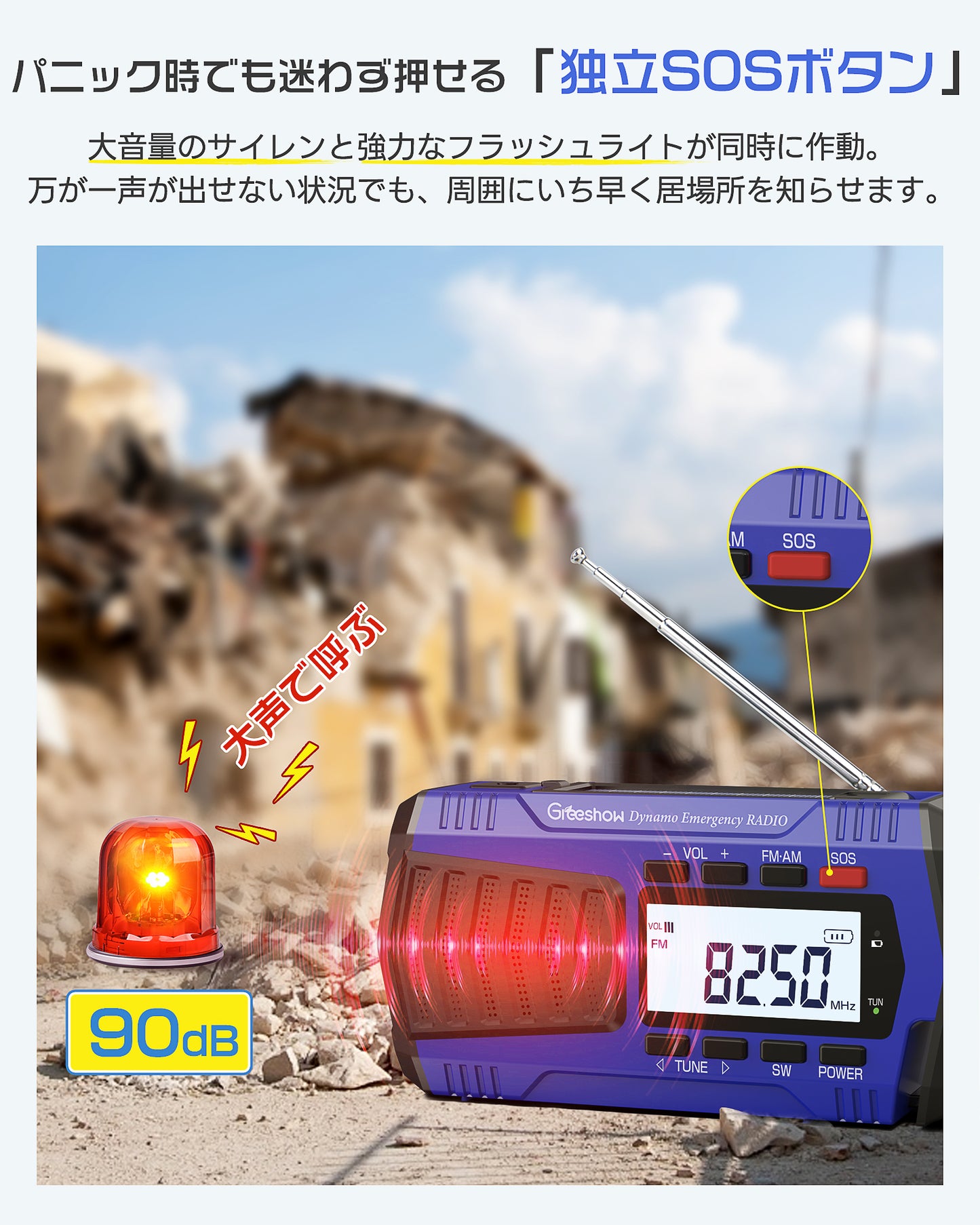 Greeshow 防災ラジオ 多機能 手回しラジオ デジタル選局 FM/AM/SWラジオ 高感度 5000mAh usb充電式 ソーラー充電 SOSサイレン 防災グッズ 災害用 小型 携帯 キャンプ 緊急用 非常用 防水 スマホ急速充電可能 懐中電灯 防災士推奨 GS-2901 ブルー