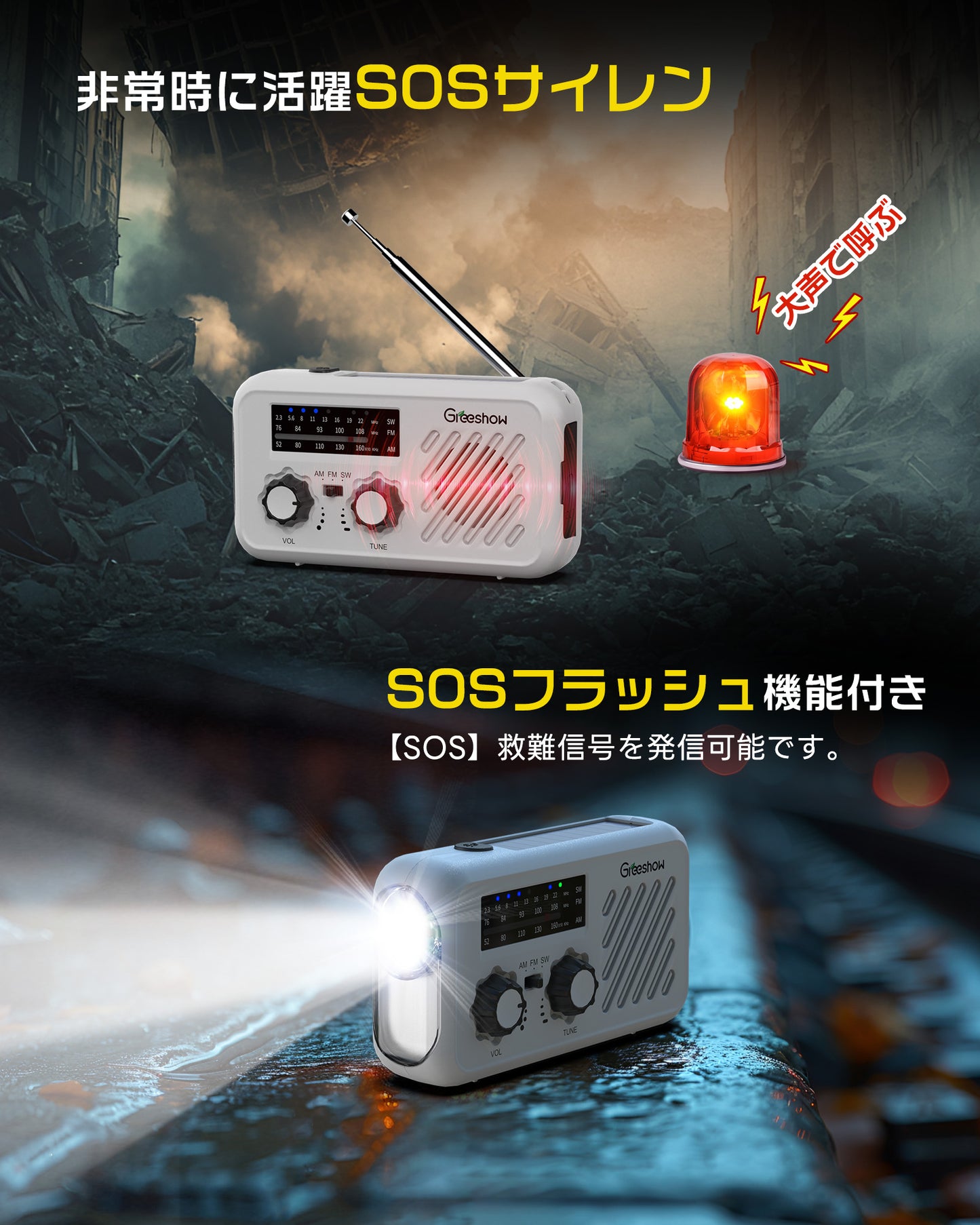 Greeshow 防災ラジオ｜ソーラー充電・手回し充電対応｜SOSアラート付き｜2000mAhバッテリー｜防水設計｜防災ガイドブック付き   GS-297