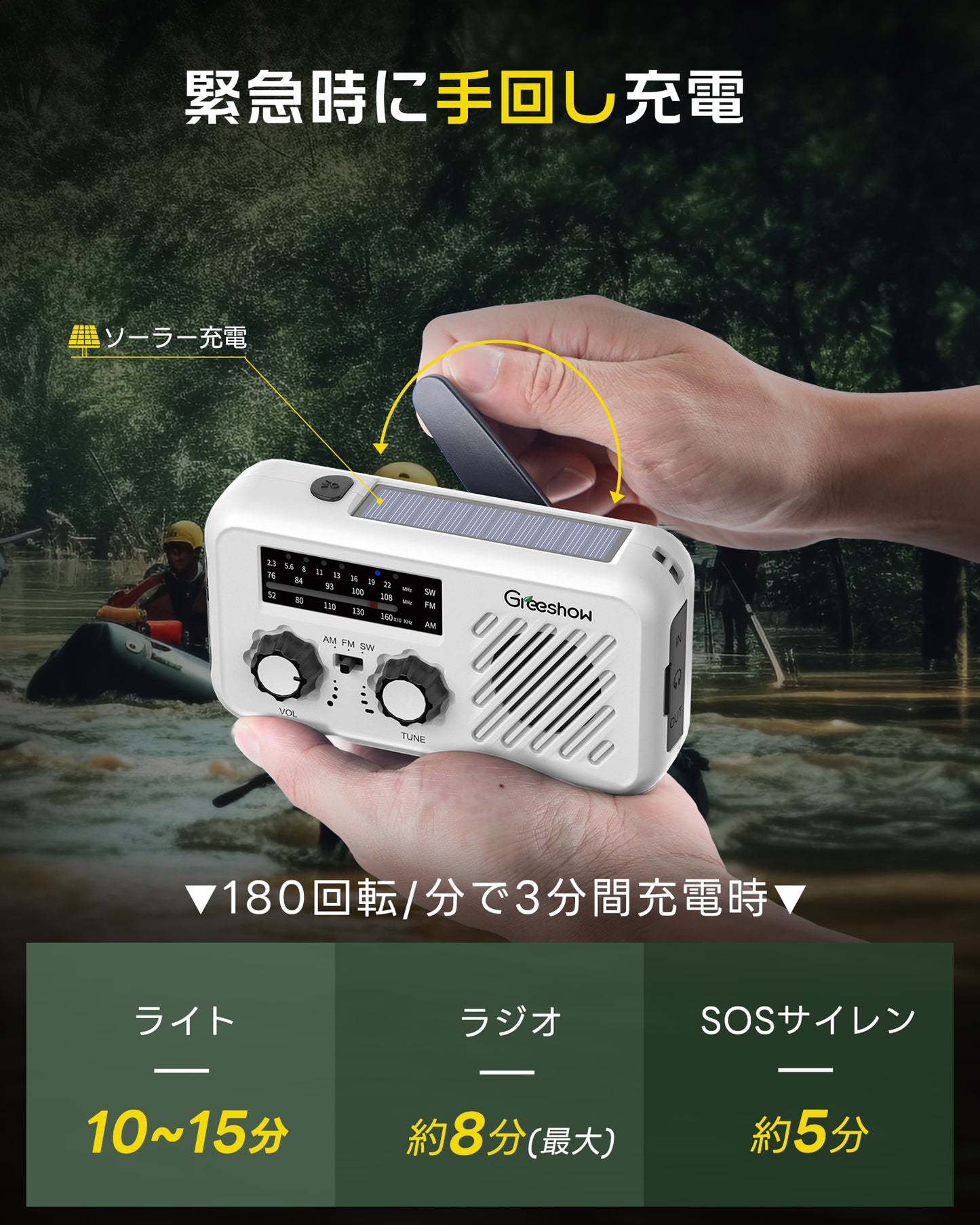 Greeshow 防災ラジオ｜ソーラー充電・手回し充電対応｜SOSアラート付き｜2000mAhバッテリー｜防水設計｜防災ガイドブック付き   GS-297